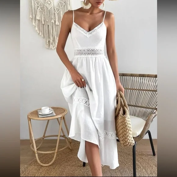 Dresses | Boho White Lace Insert Tie Back Maxi Dress | Poshmark
